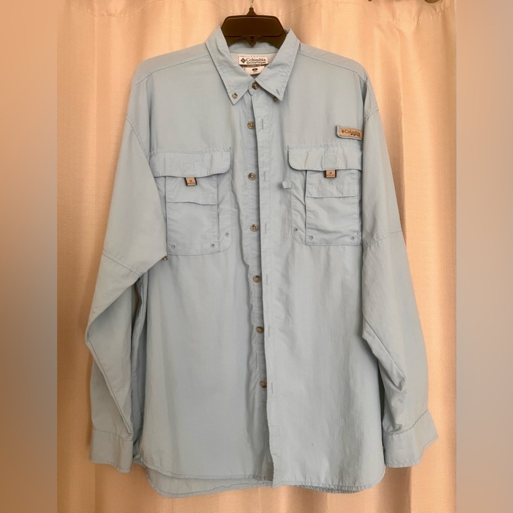 Columbia PFG Mens Medium Light Blue Long Sleeve Fishing Shirt See Photos